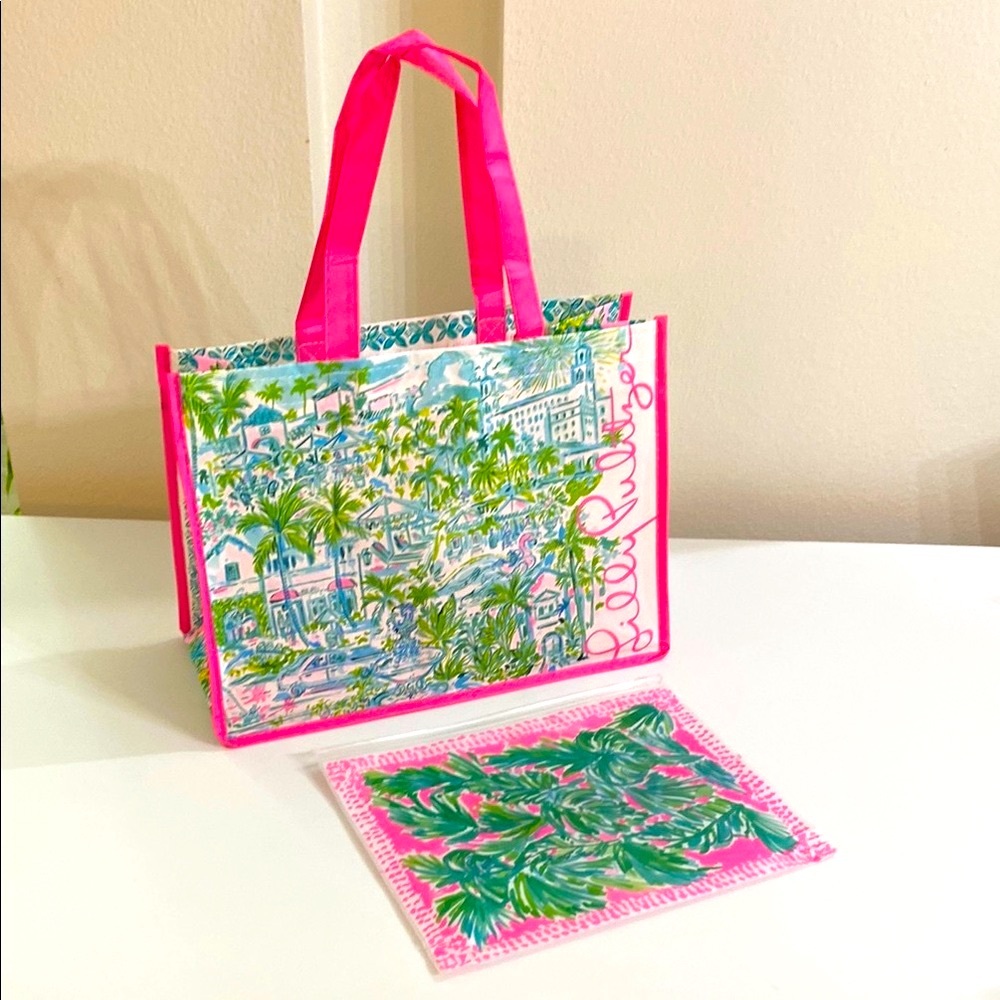 Lilly Pulitzer Pink and Green Tote Bag with zipper punch - Picture 2 of 10